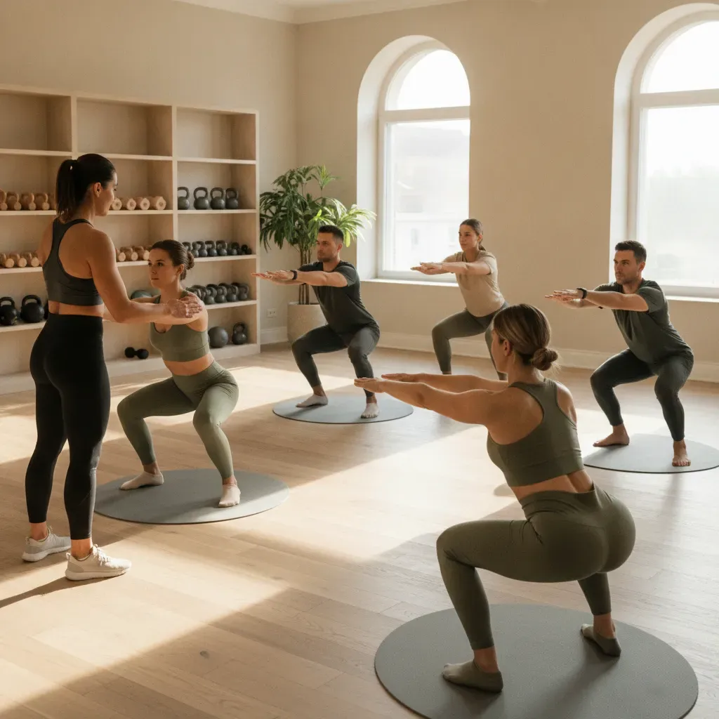 Skupinski trening za začetnike v urejenem fitnes okolju z manjšo skupino in vodenjem trenerja