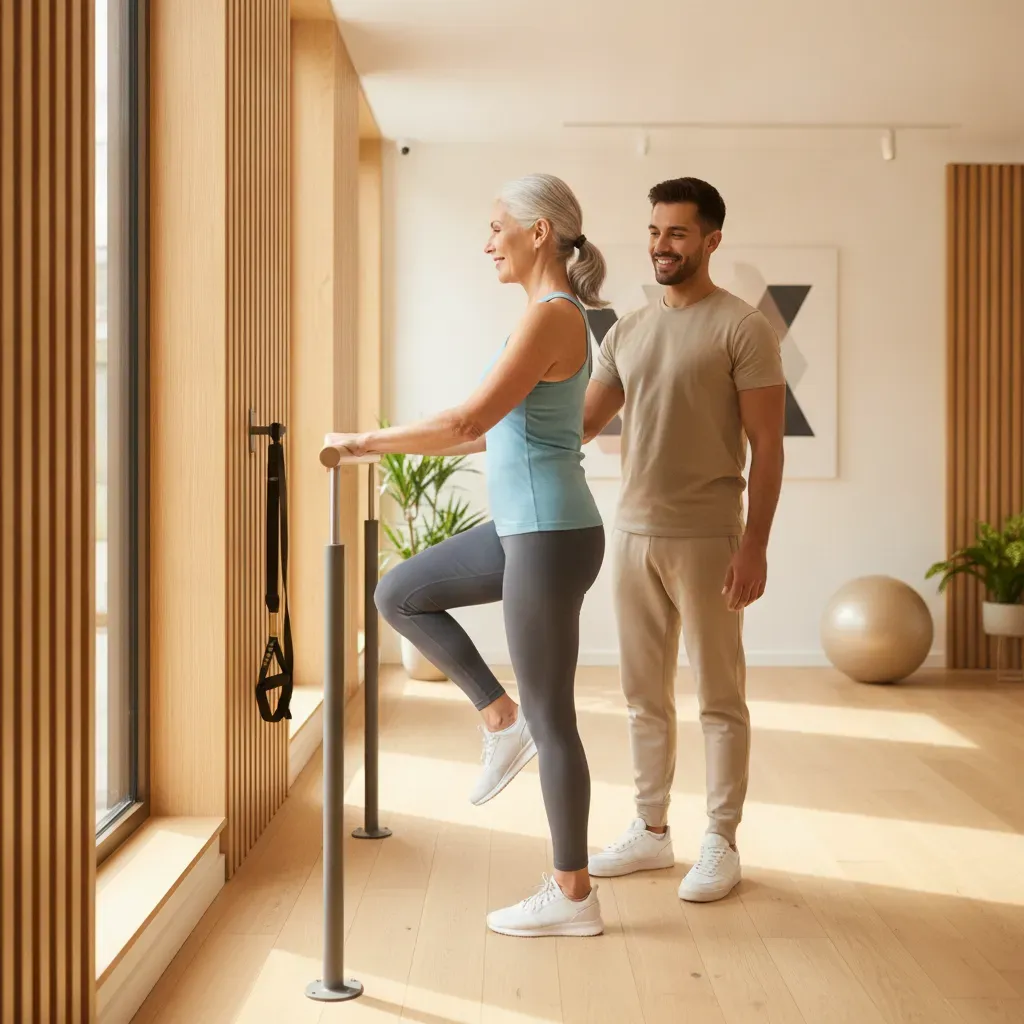 Vadba za starejše v svetlem fitnes studiu z varno vodeno vajo za moč in ravnotežje